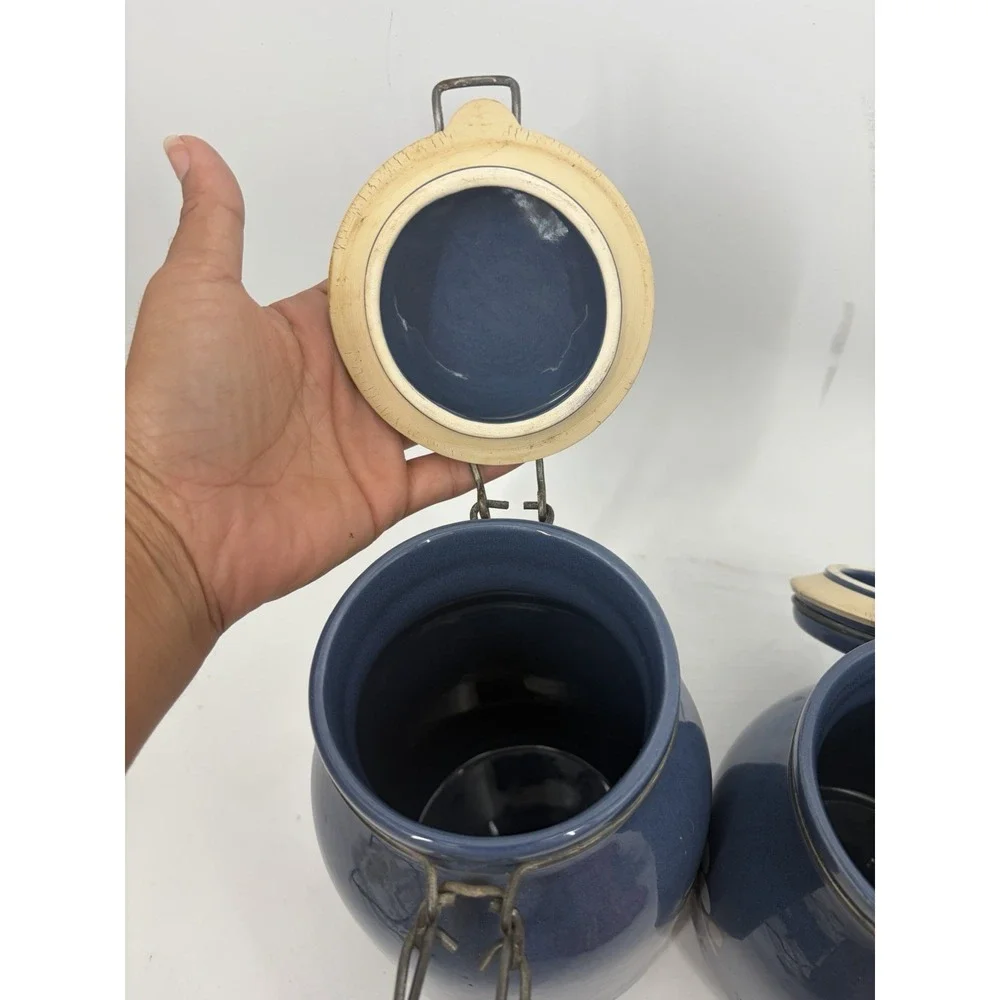 Vintage Stoneware Canister Set 3 Navy Blue Folk Art Bird Heart Clamp Lid